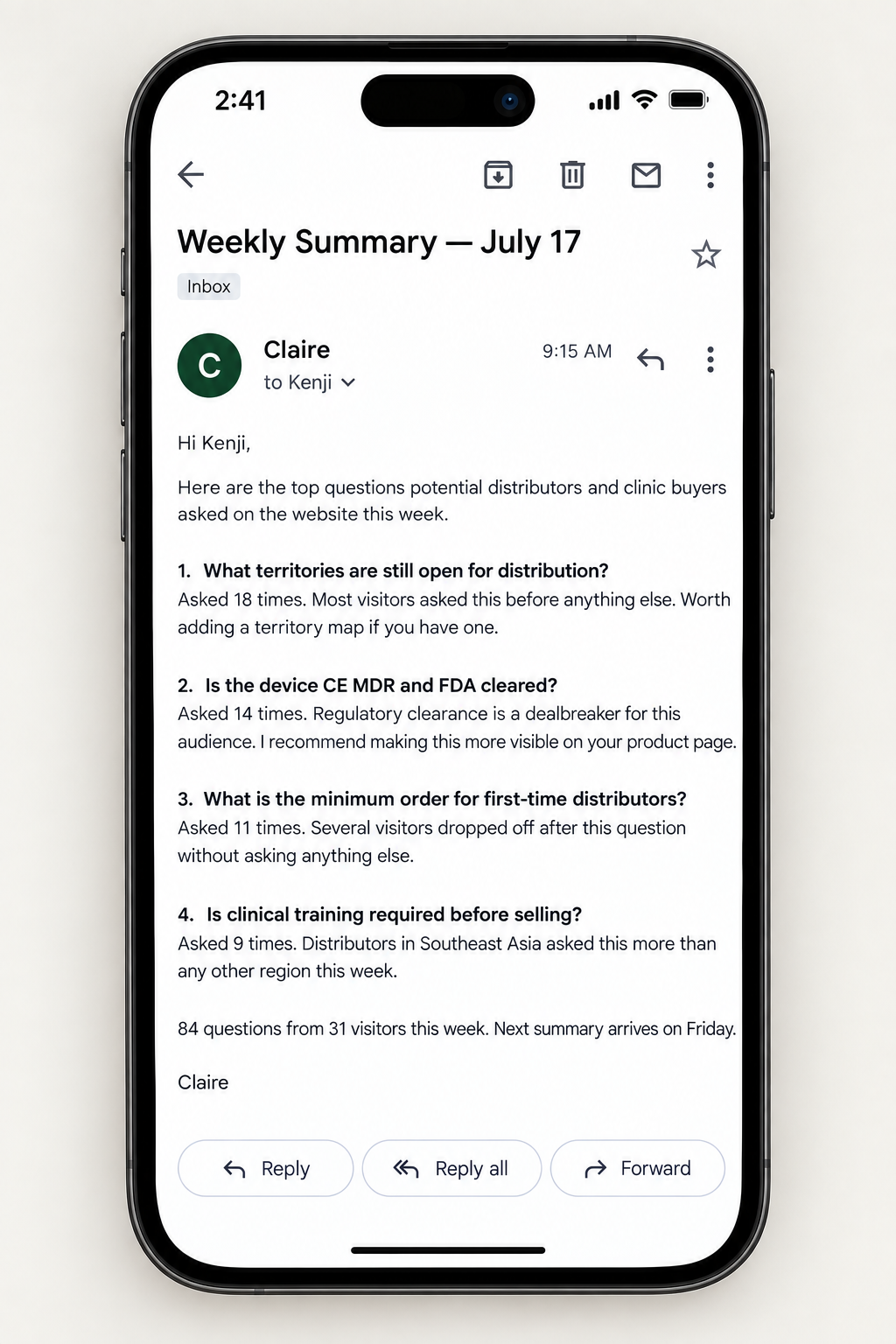 Weekly email summary of the top questions potential distributors and clinic buyers asked